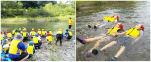 川で安全に遊ぶための実技講習会。流れの特徴や人間の浮力、恐ろしさと楽しさを体験。